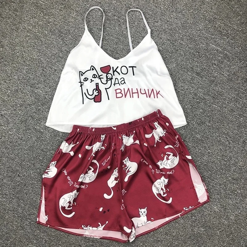 QWEEK Unicorn Pajamas for Woman Silk Sexy Pijamas Girls Sleepwear Satin Home Suit Summer Pyjama Femme V Neck