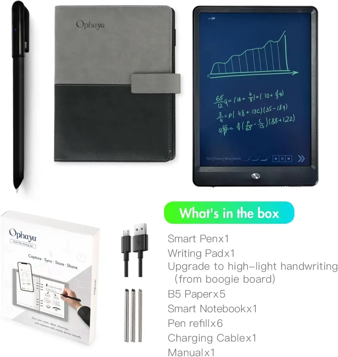 3in1 Ophaya Smart Pen Writing Set SyncPen Gift Set :The Pen, D-coded Notebook, Reusable Pad, Bluetooth, Wireless, iOS, Android
