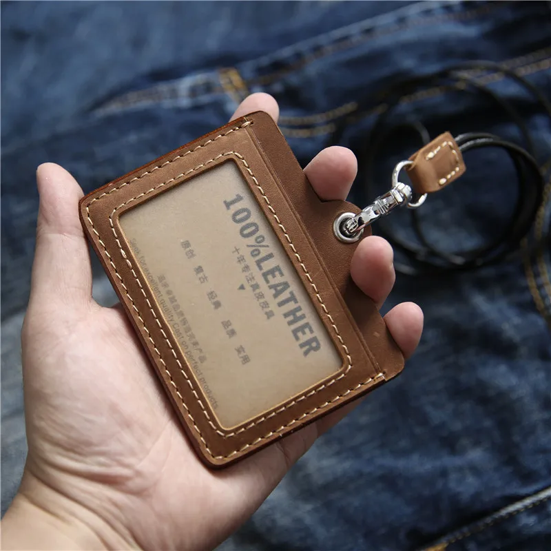 Genuine Leather Vertical Style ID Badge Holder Retractable Lanyard Neck  Strap Credit Card Holder Identity Driving License Bag - AliExpress