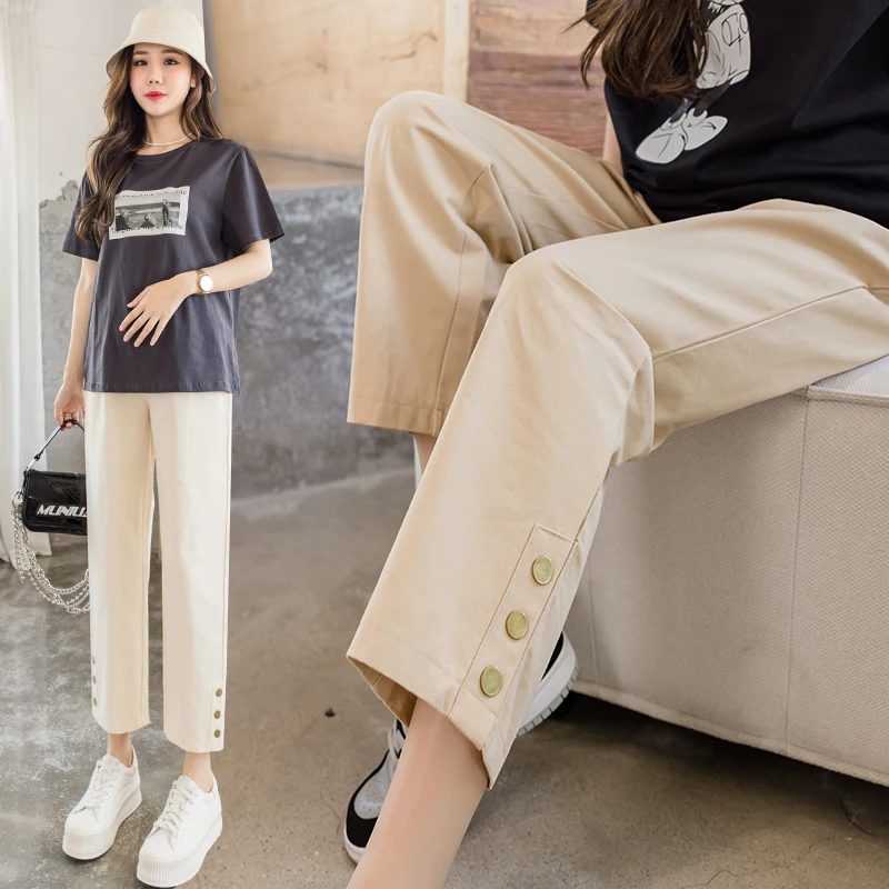 2023 Spring and Autumn Pregnant Women's Straight Pants Solid Color Buttons Legs Ankle-length Maternity Belly Trousers Capris