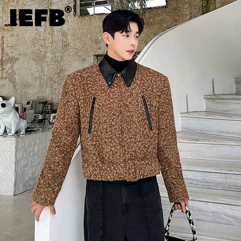 

IEFB Elgance Men's Woolen Jackets Autumn Winter Niche Design Tweed Patchwork Short Outerwear Trend Korean Style New Coat 9C3242