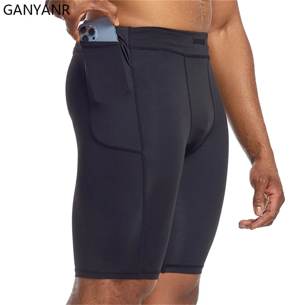 GANYANR mens running tights shorts with pockets Compression Cycling Yoga workout Leggings Football Sports gym basketball soccer sports shorts sports leggings compression pants