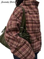 Fashion Plaid Coats Women's Stand Collar Single Breasted Long Sleeve Vintage Jacket 2026 Spring New Lady Casual Loose Overcoat 1