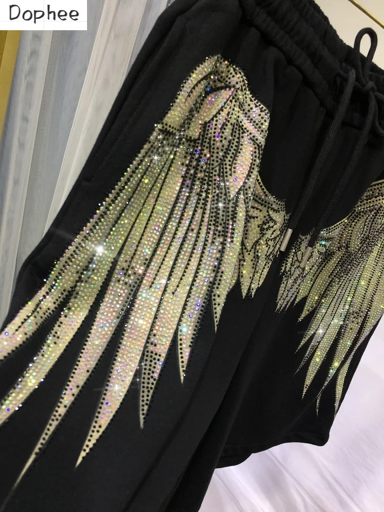 Luxury Big Wings Hot Drilling Knee-length Pants for Men/woman Drawstring Elastic High Waist Loose A-line Wide Leg Shorts Trendy