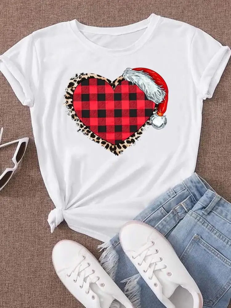 

Plaid Love Heart Trend Cute T Shirt Clothes Holiday Christmas Print Top Women Female Fashion Graphic T-shirt Ladies Clothing Tee
