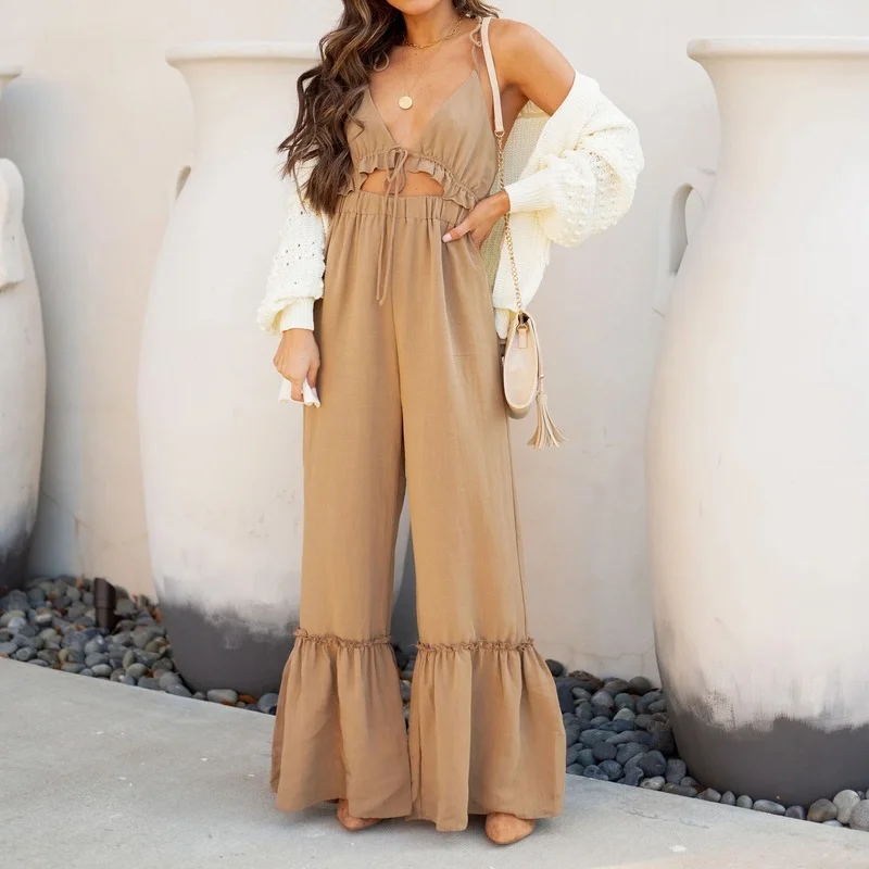 2021 Summer Solid Color Sexy Jumpsuits Women Suspenders Ruffled Wide-leg Flared Pants Rompers Casual Drawstring One Piece Outfit