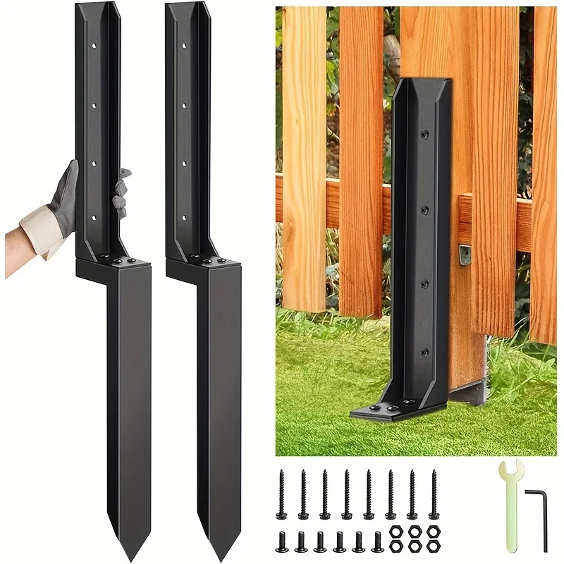 1/2 Pcs Heavy-Duty Steel Fence Post Repair Kit with Ground Anchors - Black, Ideal for Wooden & Metal Fences,Column Repair Kit 1
