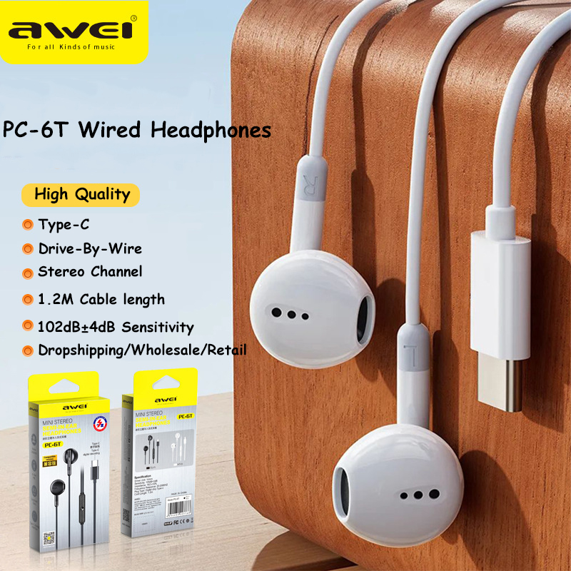  Awei PC-6T Type-C Wired Headphone In-Ear Earbuds Stereo Music Headset Volume Control Earphones with Microphone Free Shipping