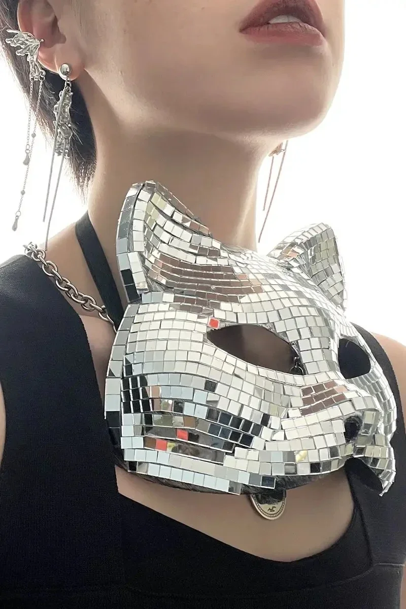 Cosplay Cat Mask Bright Silver Mirror Women DJ Dance Stage Mask Nightclub Carnaval