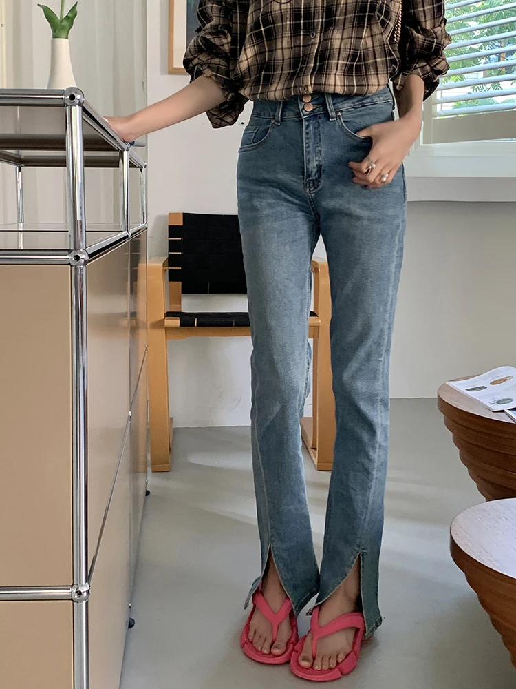 Vintage Fashoin Chic Double Buckle Front Split Trousers Female High Waist Strentch Jeans Women Flare Pants Wash Blue Denim Pants