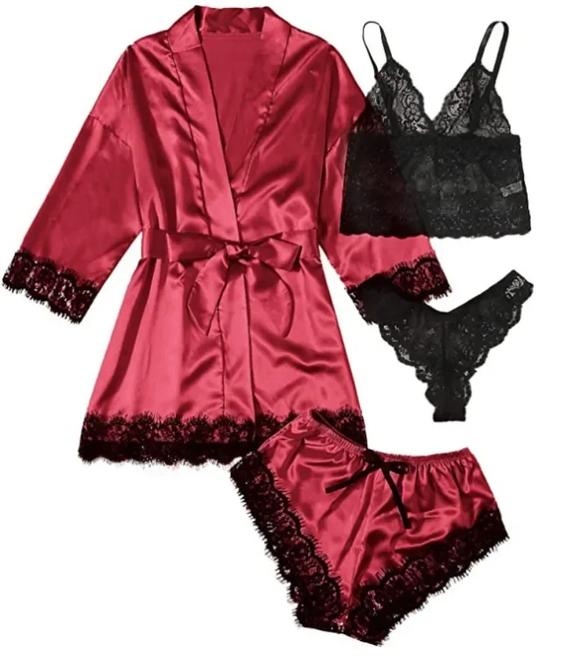 4pcs/set Women Pajamas Fashion Robe Sleep Skirt Nightwear Lace Satin with Silk Sleepwear Robe Sexy Pajama Pants Home Clothes