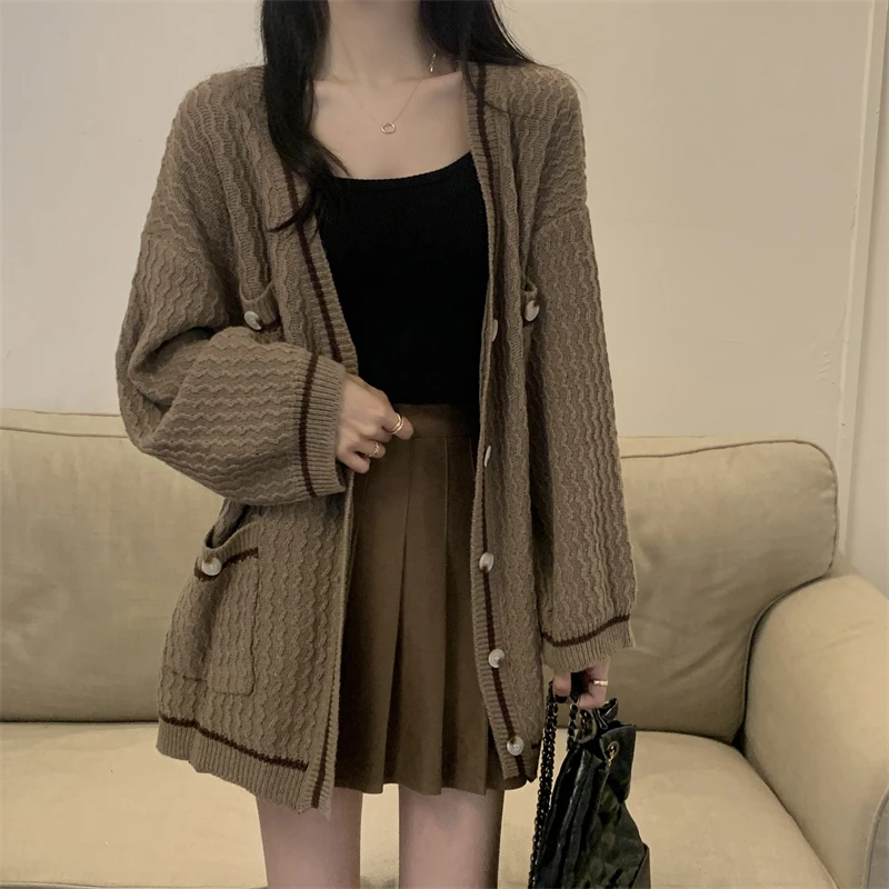

ZARSAFLY V Neck Knitted Cardigan Women's Fall Winter American Loose Long Sleeve Sweater Outerwear 2 Colors