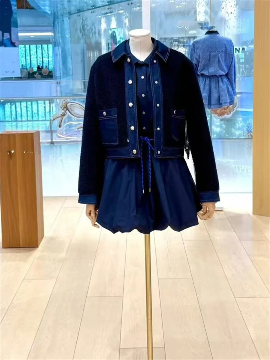 2026 Early Spring Female Retro Denim Lapel Patchwork Long Sleeved Single Breasted Jacket