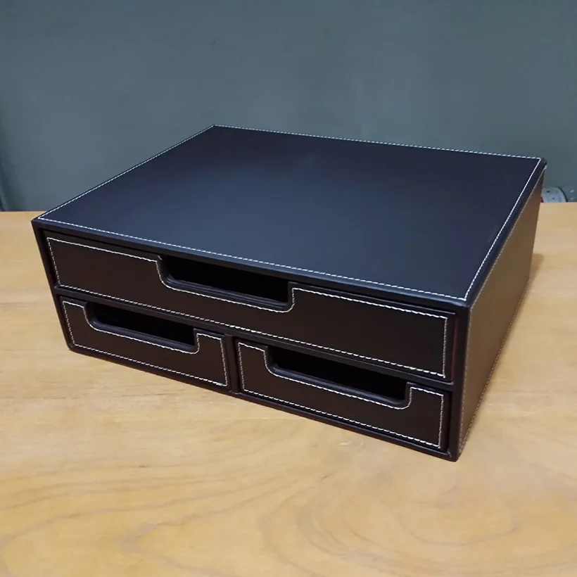 Double-layer Office drawer PU Leather Desk Filing Cabinet Stationery Box Container Organizer Document Tray Drawer Desktop Set