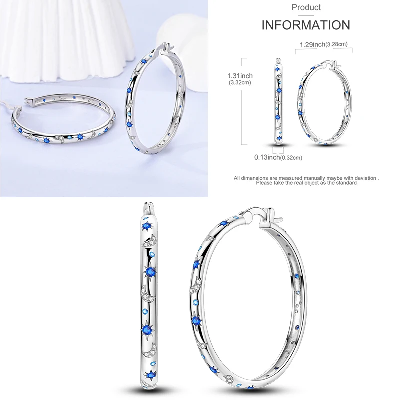 Sparkling Women Hoop Earrings 925 Silver Heart Shape Star Moon Round Blue Zircon Fit Origina Drop Earrings Jewelry Holiday gifts 4
