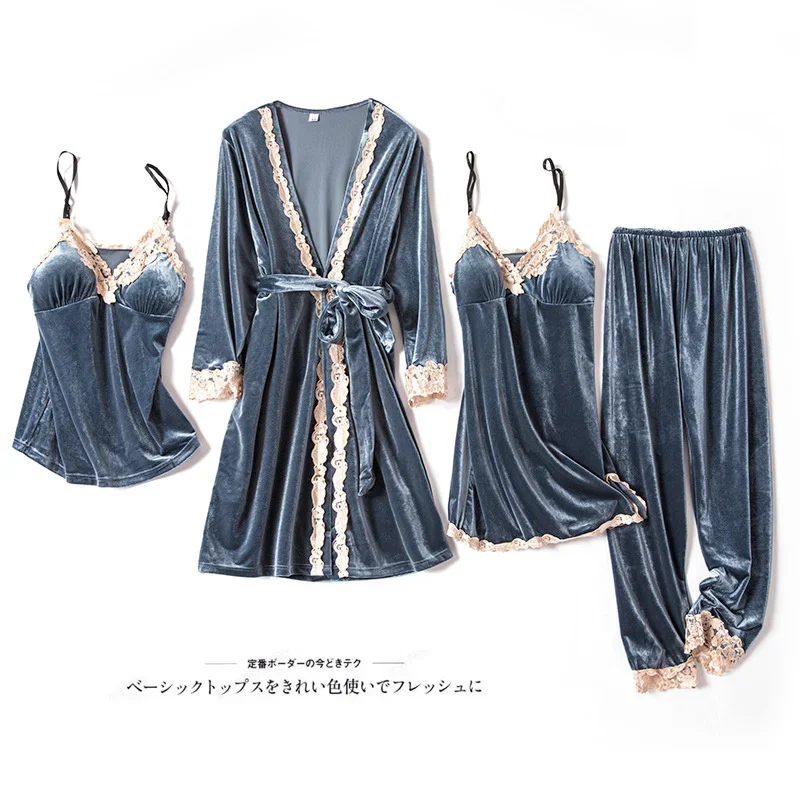 

Velour Robe Suit Spring Lace Pajamas Gown Set Women V-Neck Cami Nighties Wear Pijama Velvet Home Nightwear Lingerie Nightdress