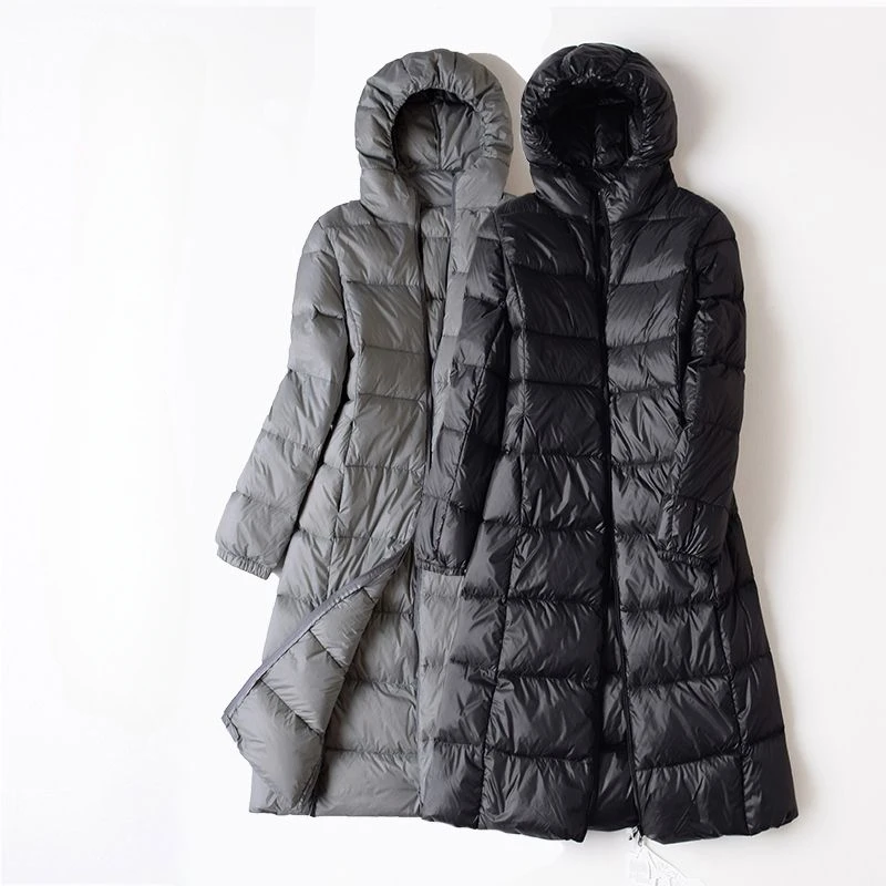 2023 New Women Down Jacket Winter Coat Female Long Knee Length Parkas Large Size Hooded Outwear Thin Comfortable Outcoat