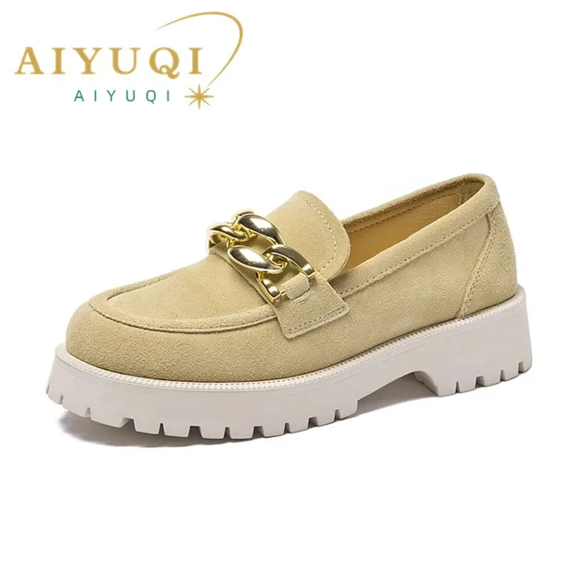 

Women Loafers Suede Genuine Leather 2023 New Chain British Style Women Spring Shoes Large Size 41 42 Student Shoes Ladies