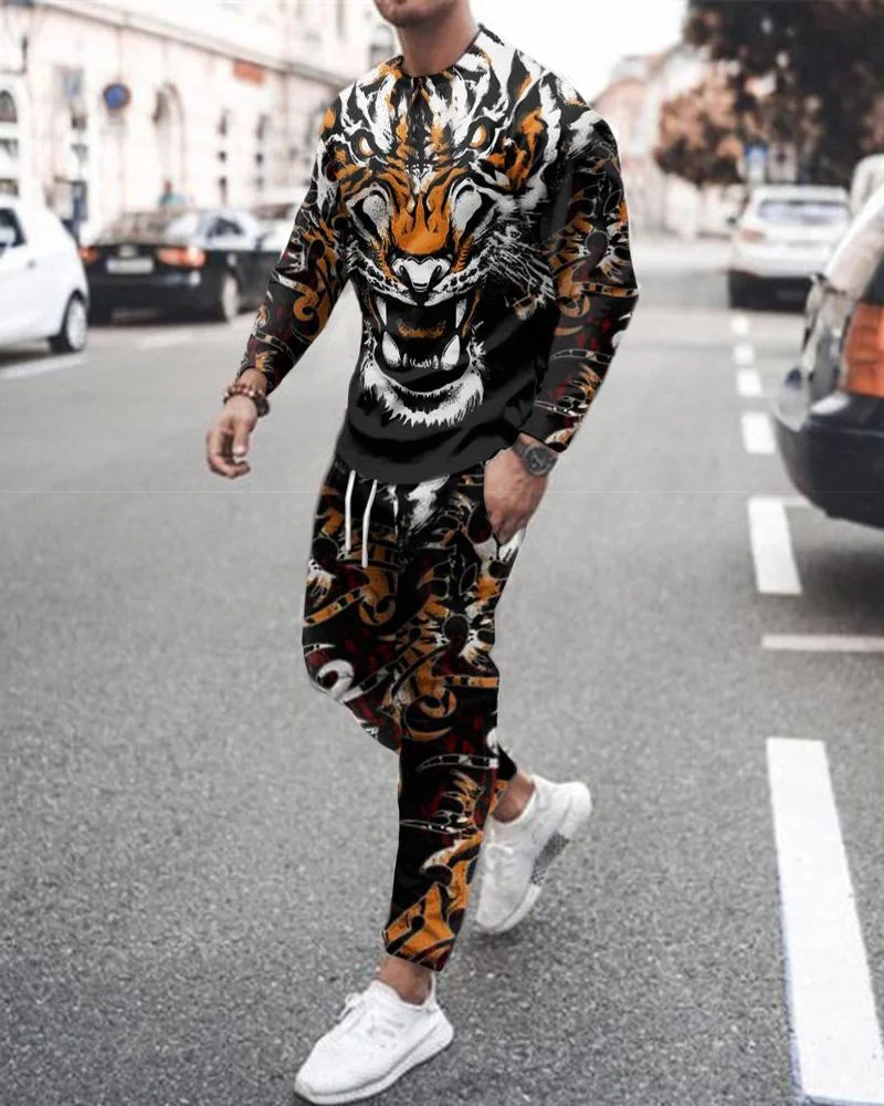 Autumn Men's Long Sleeved Tracksuit Domineering Tiger 3D Printing Set O-Neck T-shirt+Trousers 2-Piece Suit Men Fashion Clothing