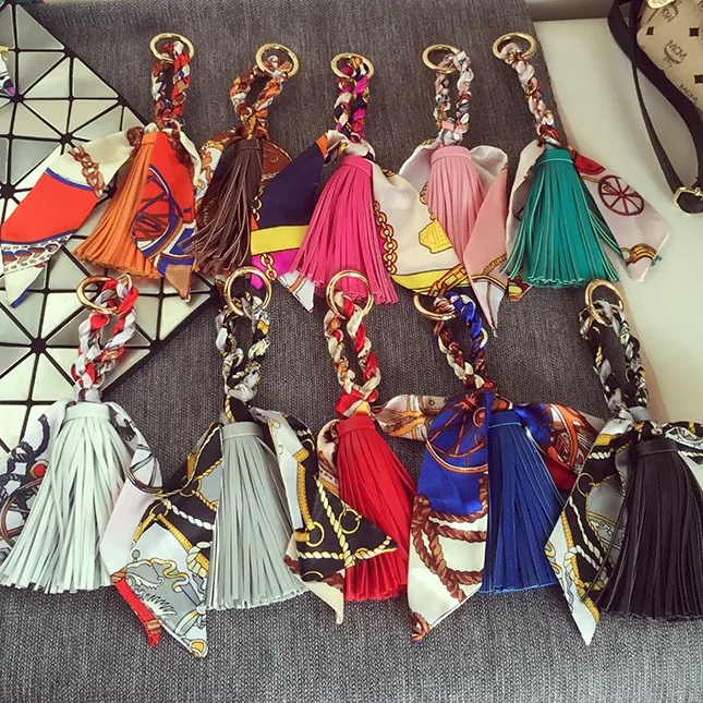 Fringed Leather & Silk Scarf-Inspired Bag Charm with Keychain