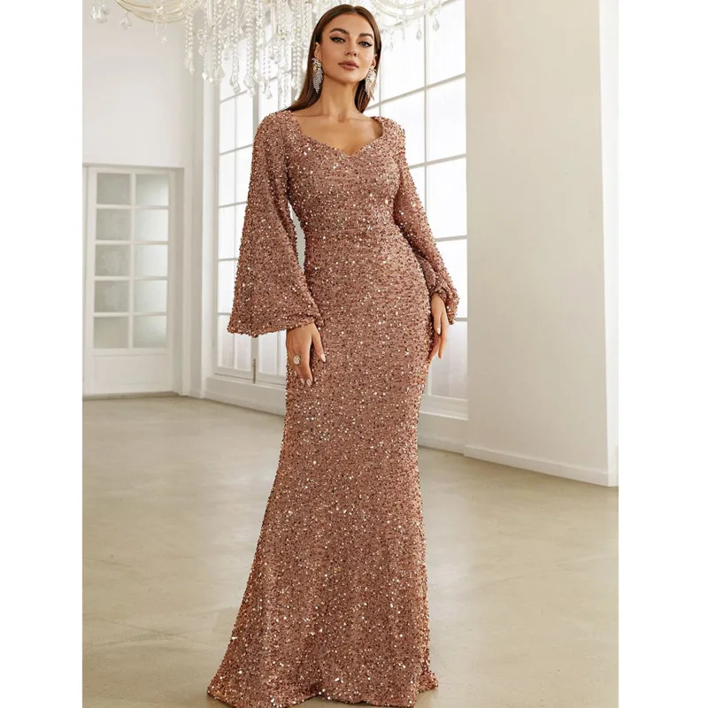 

new fashion V-neck buttock wrapped sequin dress elegant with mid-waist flared sleeve long evening oodji ukraine befree luxury