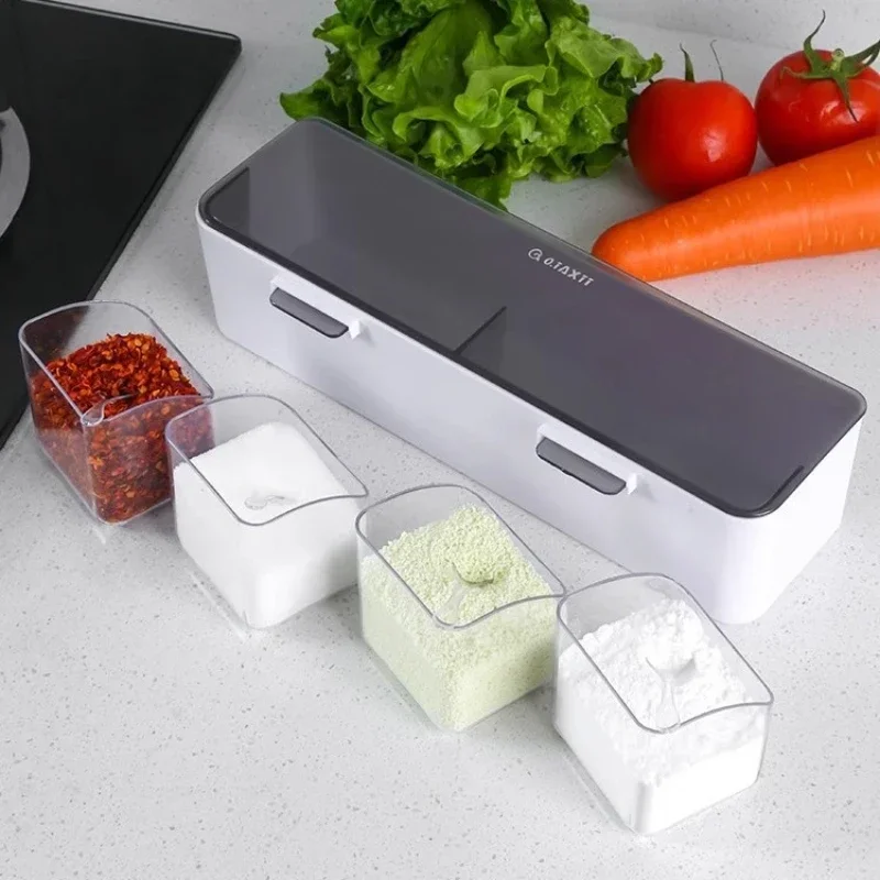 4-Grid Wall Mounted Seasoning Box, Household Kitchen Storage Container, Spice Salt Sugar Storage Container Combination Set 6