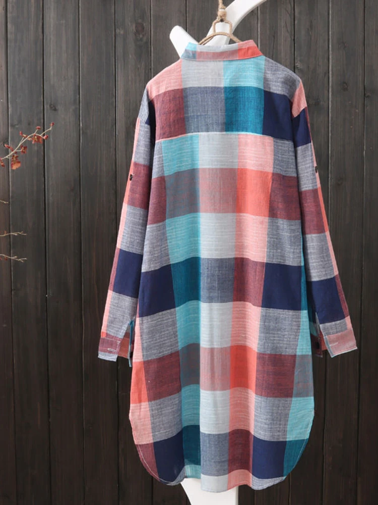Plus Size Loose Plaid Blouse Women Cotton Shirt Female Mid Length Autumn Long Sleeve Blouse Casual Winter Korean Style Outwear Best Sellers In Plus Sized Clothing