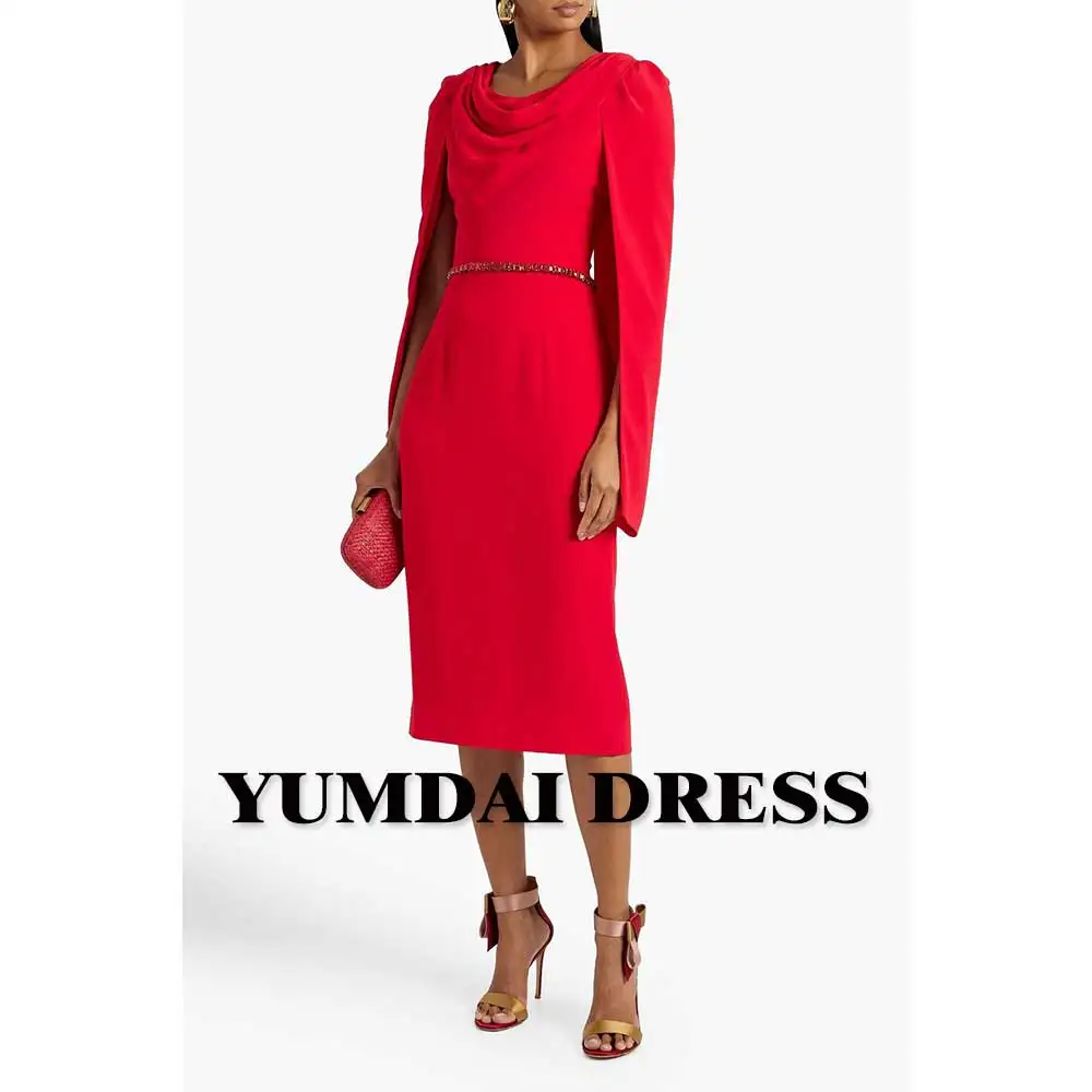 

YUMDAI Gorgeous Arabic Long Sleeve Smock Evening Gown Red Crepe Ball Dress Special Event Midi Gown Autumn Bridal Bridesmaid Gown