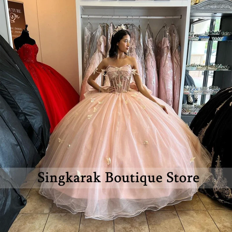 Quinceanera Dresses Pink Quinceanera Dresses Ball Gown Sweet 16 Dress Bow Butterfly Appliques Crystal Graduation Party Gowns Vestido De 15 anos