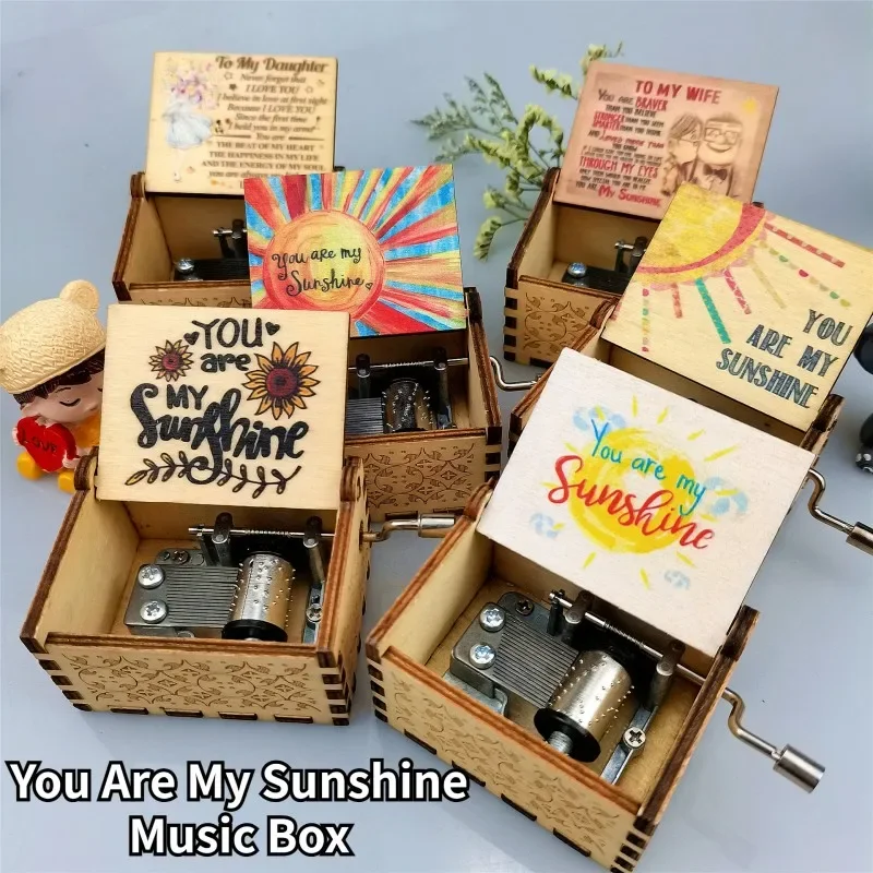 You Are My Sunshine Music Box Color Printing Wooden Hand Crank Musical Box Birthday Present Valentine's Day Christmas Gift 1 Pcs