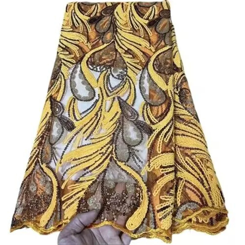 

Yellow/Gold High Quality Nigerian African Sequins Velvet Lace Fabric Embroidery For Nigerian Wedding Party Dress Sewing Blue