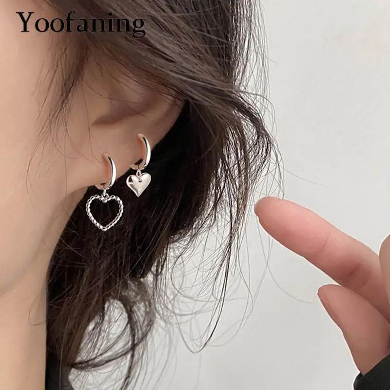 925 Sterling Silver Ear Needle Sweet and Cool Simple Personality Asymmetrical Heart-Shaped Earrings Pendant Fashion Jewelry