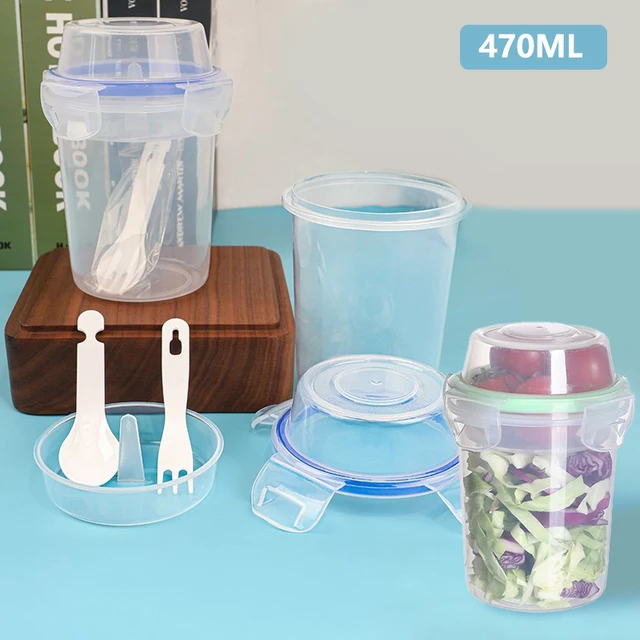 Tasse à salade avec couvercle et cuillère et fourchette, bol conique à réduction de graisse, boîte à bento de fitness, stockage des aliments à deux couches, petit-déjeuner, fruits, avoine, yaourt, signé 2
