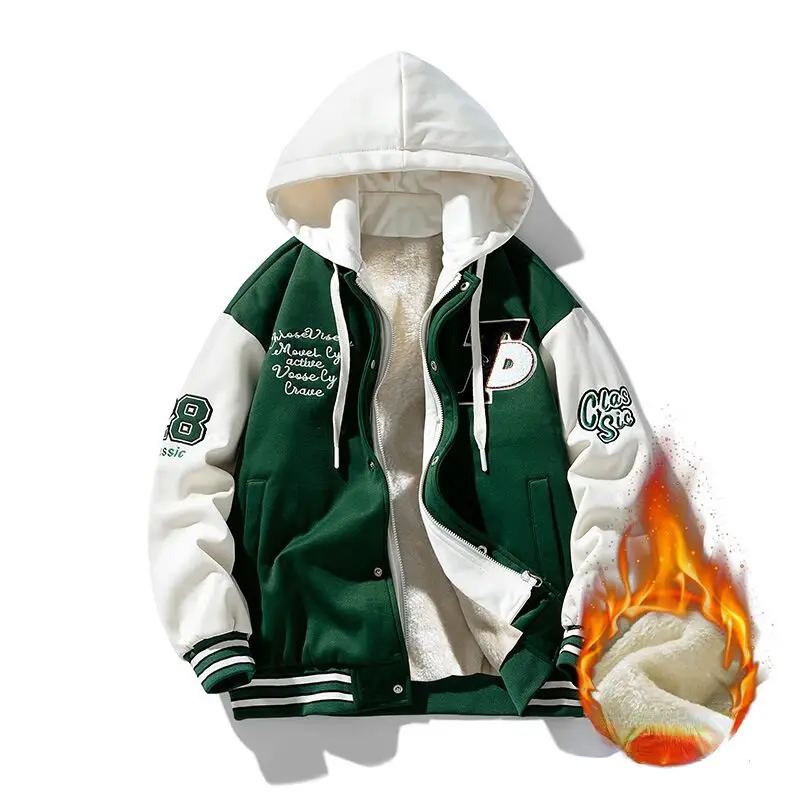 Embroidery Trendy Sweatshirt Coat Thick Warm Zipper Lamb Wool Jacket Men and Woman Winter Plush Lined Hip Hop Cardigan Hoodie