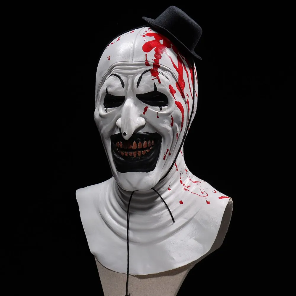 

Horror Terrifier Art The Clown Mask Cosplay Creepy Bloody Demon Evil Joker Hat Latex Helmet Halloween Party Costume Props