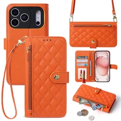 Leather Crossbody Wallet with Card Holder and Lanyard - Protective Phone Case and Cover - iPhone 15 (Orange)
