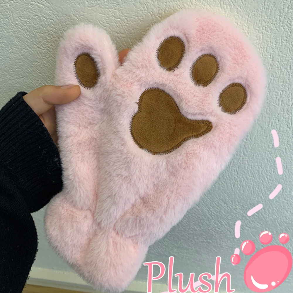 Fashion Women Plush Cat Paw Gloves Winter Faux Fur Cute Cat Claw Fingerless Mittens Glove Soft Keep Warm Mitten for Women Girls