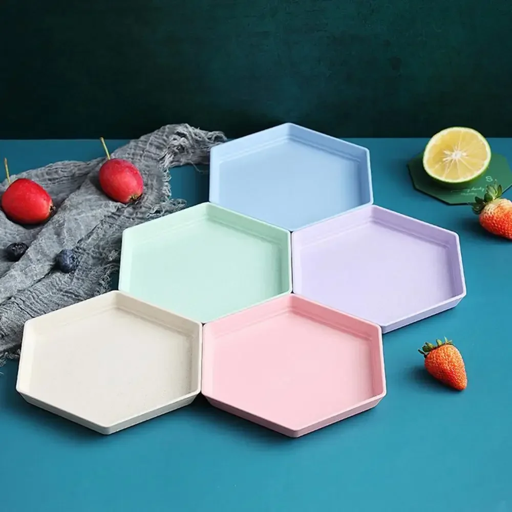 Fruit Plate Hexagon Party Dessert Snacks Foods Wheat Straw Thicken Tray Fruit Plate Supplies Six-point Dish for Household Dishes