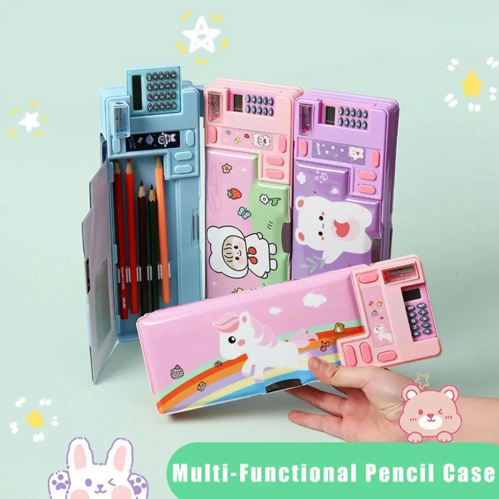 Dual-Sided Fun Mechanism Plastic Pencil Case with Built-In Calculator and Sharpener