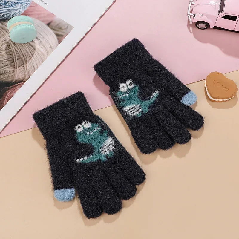 Kids Winter Gloves 3-9 Years Thickened Knitted Cartoon Small Dinosaur Warm Plush Toddlers Mittens