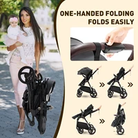 3 en 1 landau poussette Portable luxueux voyage landau haut paysage nouveau-né bébé poussette avec porte-bébé en cuir PU 4