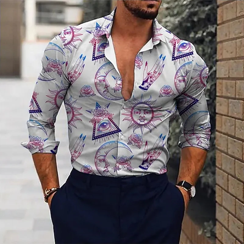 

Autumn Vintage Shirts For Men Oversized Casual Shirt Sun Print Long Sleeve Tops Men's Clothing Prom Cardigan Blouses High-End