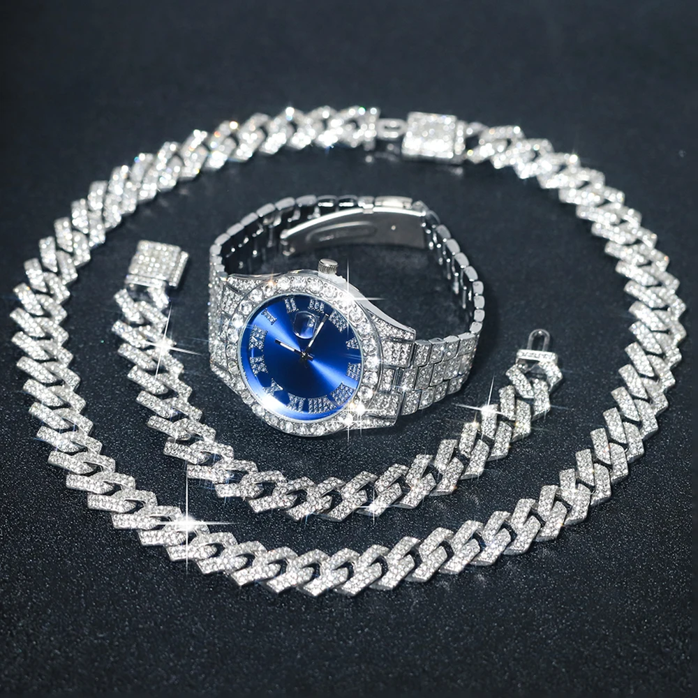 3pcs Men's Silver Watch Set Hip-hop Punk Inlay Diamond Watch+Cuban Chain+Bracelet Comes With Strap Adjuster Stylish Jewelry Gift 2