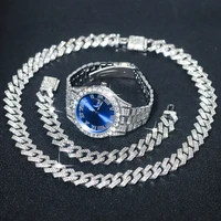 3pcs Men's Silver Watch Set Hip-hop Punk Inlay Diamond Watch+Cuban Chain+Bracelet Comes With Strap Adjuster Stylish Jewelry Gift 2