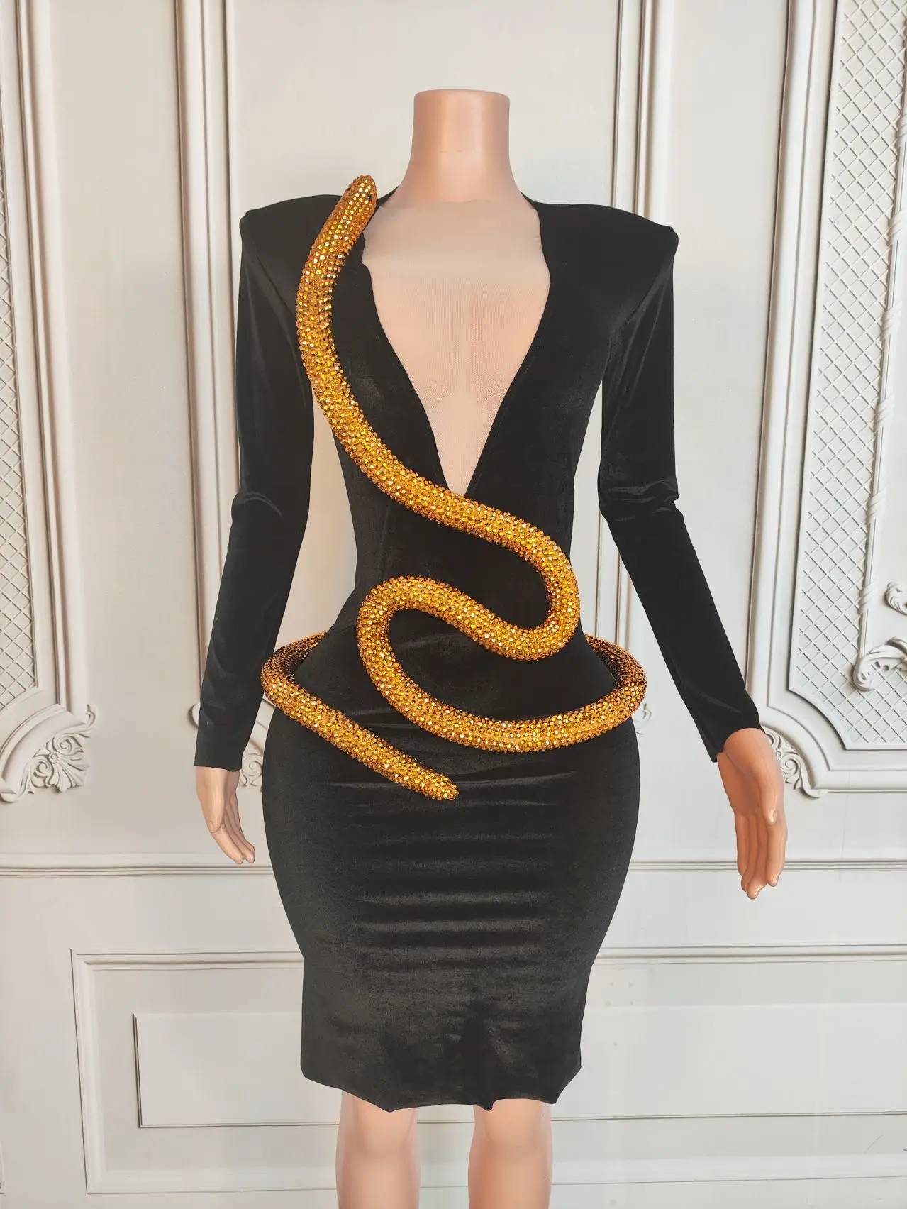 New Velvet Black Pencil Dress Sexy Women 3D Golden Snake Mini Dress  Nightclub Costume Party Bar Outfit Long Sleeved Dress Jinshe - AliExpress  200000345
