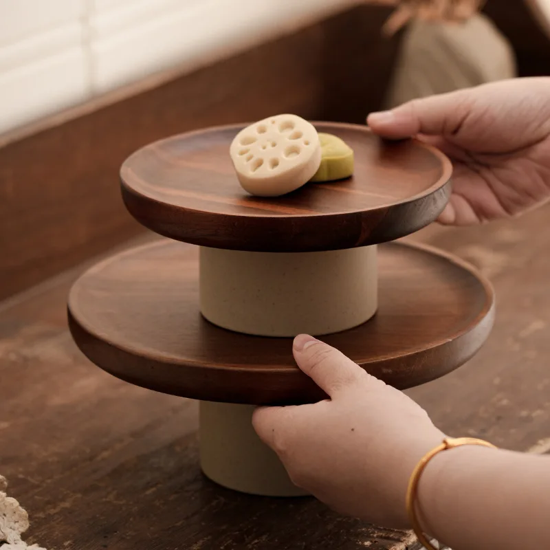Acacia Wood Cake Tray with Clay Base for Living Room Decoration