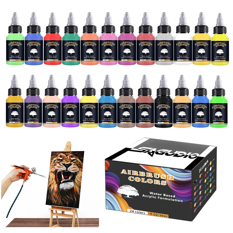 SAGUDAirbrushPaintSet1224Colors30MLOpaqueWaterBasedFluorescentAcrylicPaintfor