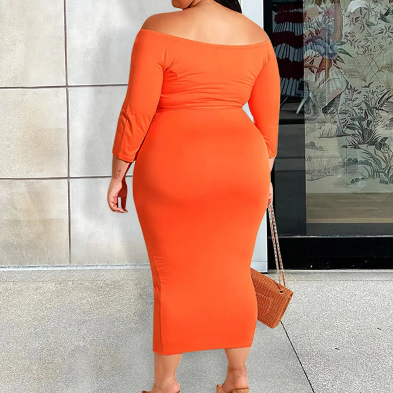 Elegant One Word Collar Letter Printing Three Quarter Sleeve Bandage Bag Hip Midi Dresses Fashion Plus Size Spring Summer Women