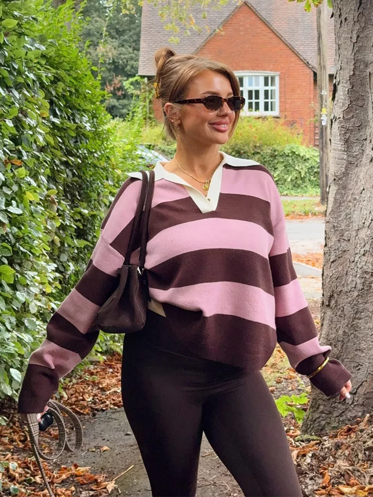 2025 Autumn High Street Chic Women Fashion Striped Knitted Sweater Women Long Sleeve Vintage Style Casual Pullover Tops