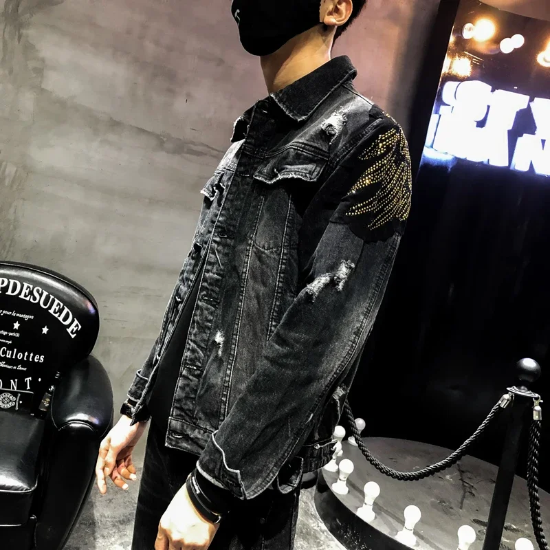 YASUGUOJI 남성용 2022 펑크 스타일 패션 이글 자수 패치 진 재킷, 데님 재킷 스트리트웨어, 슬림 블랙 재킷, 신제품